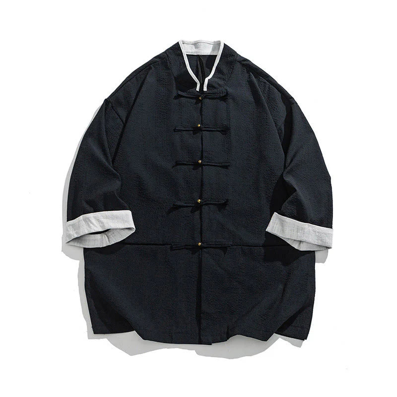 Buddha Stones Spring Solid Color Three Quarter Sleeve Tang Suit Men's Buttons Shirt With Pockets