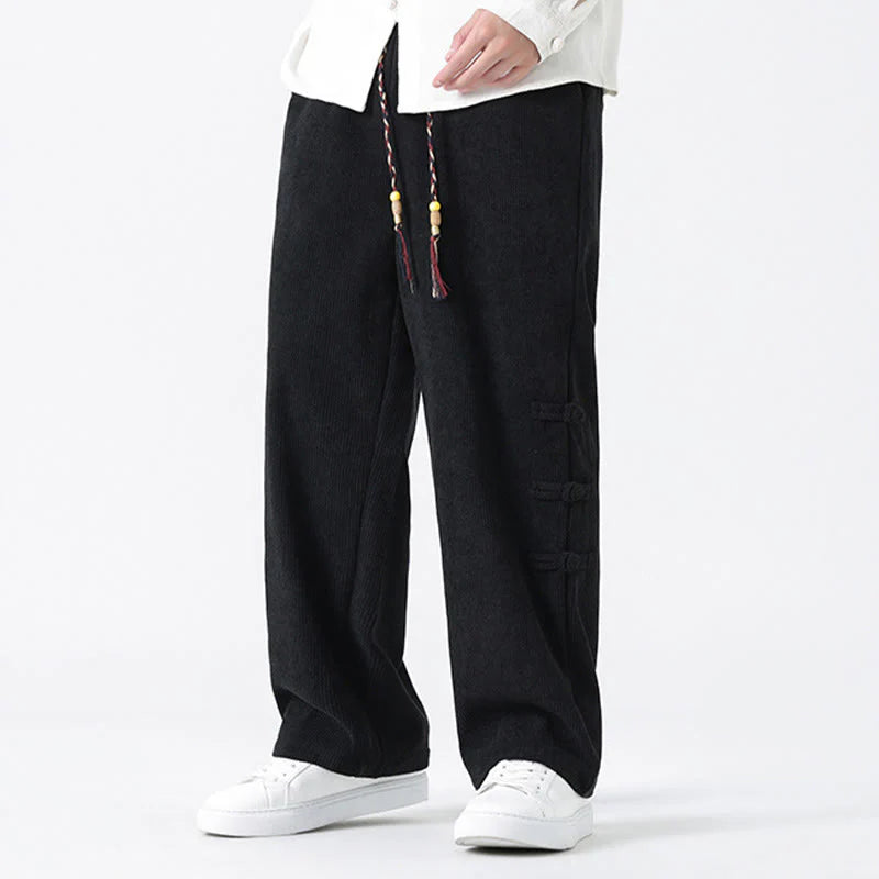 Buddha Stones Plain Chinese Frog-Button Design Drawstring Men's Corduroy Pants With Pockets