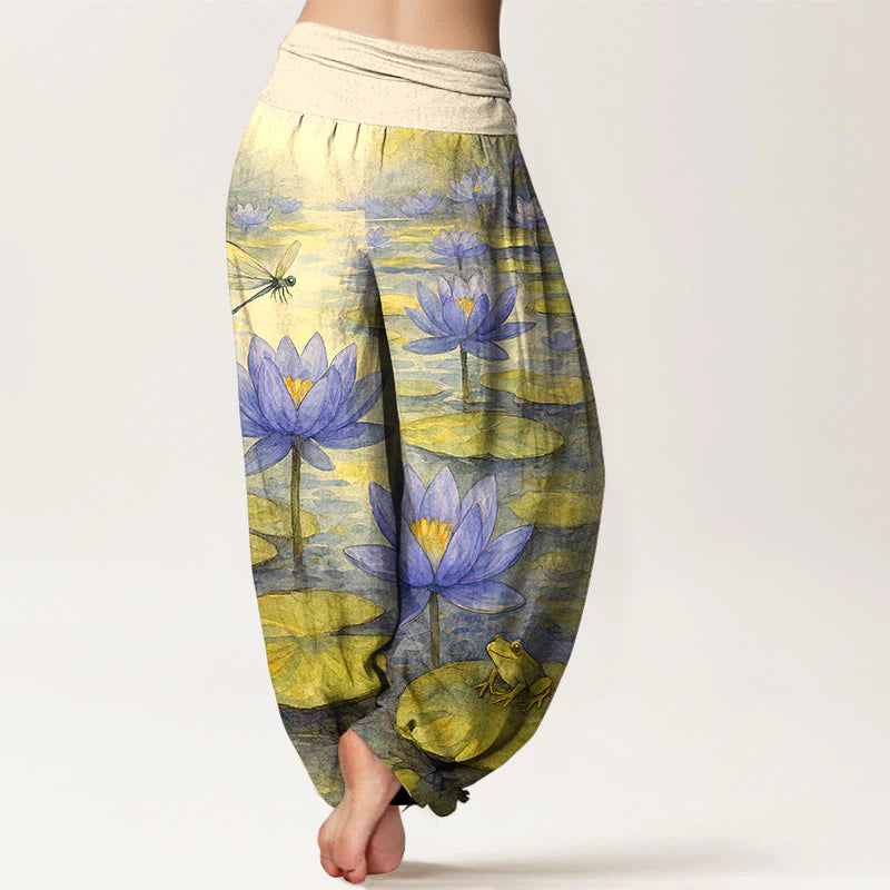 Buddha Stones Pure Cotton Fresh Elegant Lotus Flower Leaf Dragonfly Frog Pattern Women's Elastic Waist Harem Pants