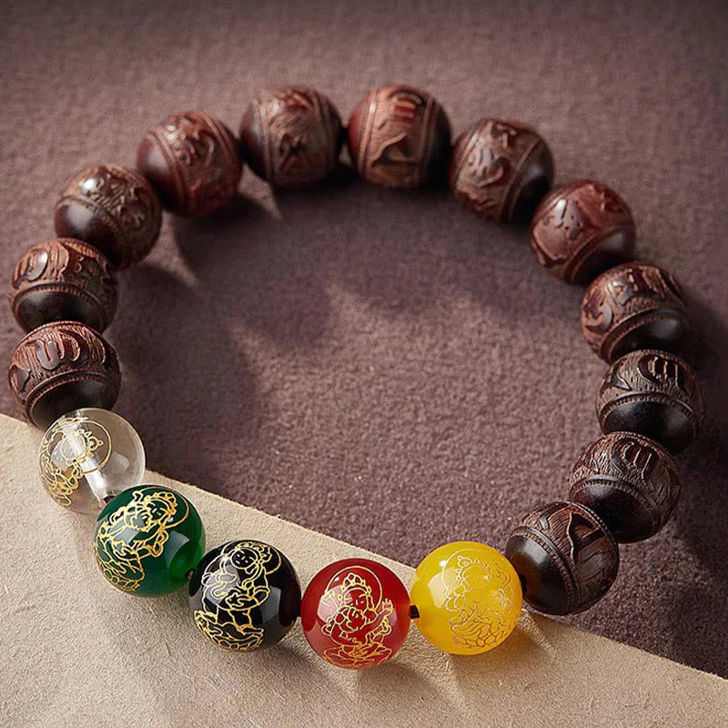Buddha Stones Small Leaf Red Sandalwood Five Directions Gods of Wealth Calm Bracelet
