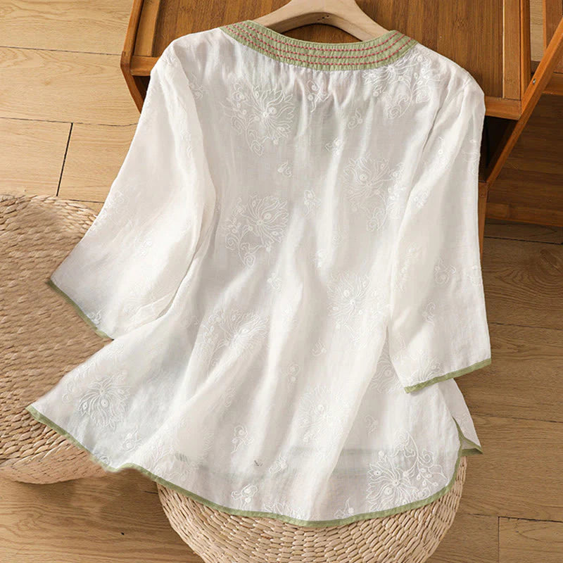 Buddha Stones Summer Vintage Embroidery Plant Floral Lace-Up Design V-Neck Women's Cotton Linen Shirt