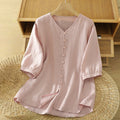 Buddha Stones Solid Buttons V-Neck Half Sleeve Women's Shirt