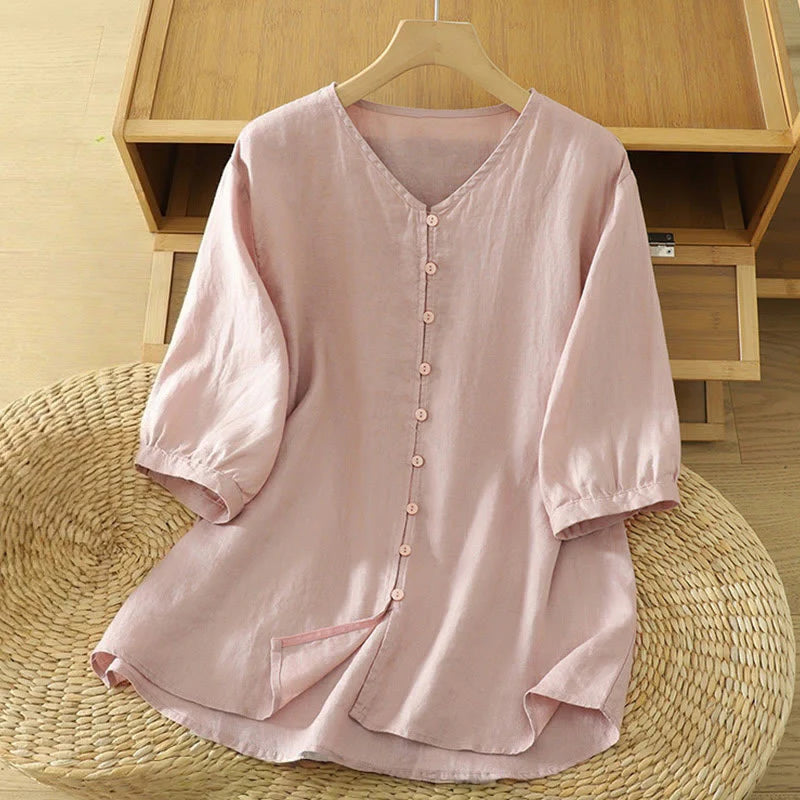 Buddha Stones Solid Buttons V-Neck Half Sleeve Women's Shirt