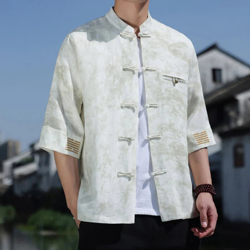 Buddha Stones Frog-Button Mottled Pattern Embroidery Short Sleeve Tang Suit Men's Linen Shirt