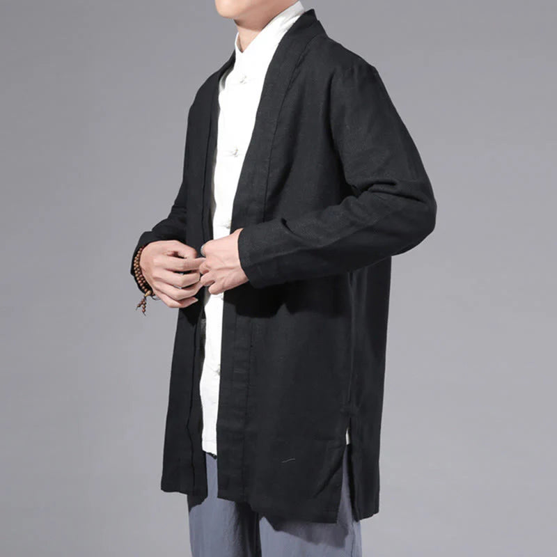 Buddha Stones Plain Simple Design Open Front Cotton Linen Men's Long Sleeve Jacket Kimono