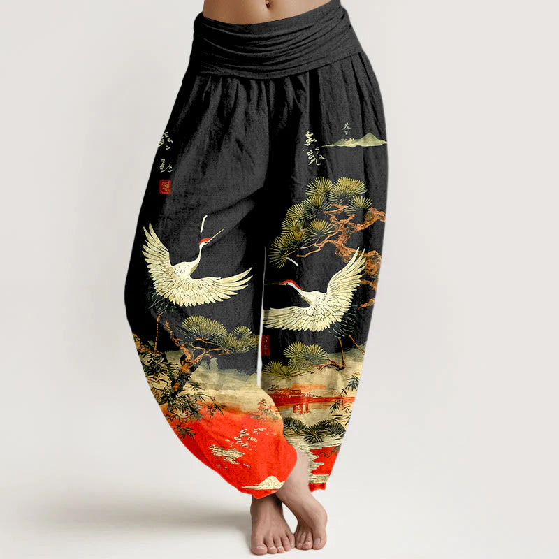 Buddha Stones Pure Cotton Vivid Crane Pine Tree Pattern Women's Elastic Waist Harem Pants