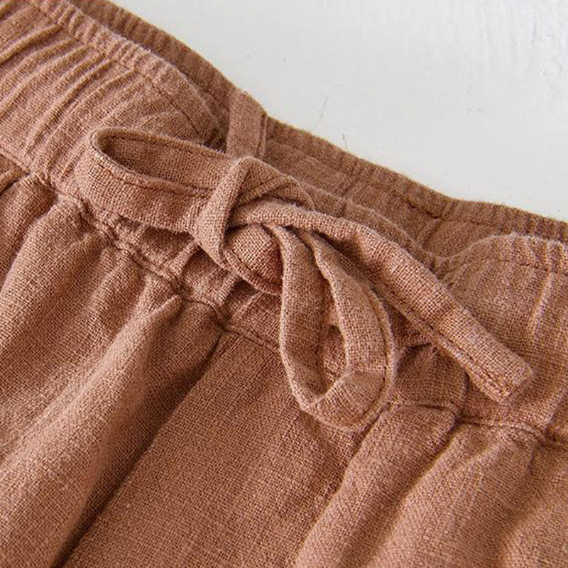 Buddha Stones Summer Solid Color Drawstring Elastic Waist Men's Cotton Linen Shorts With Pockets