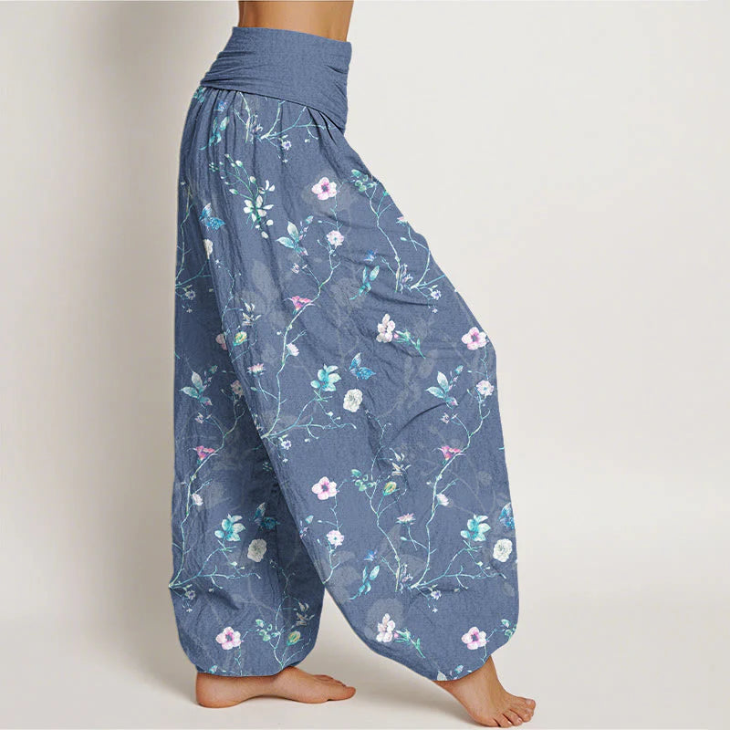 Buddha Stones Pure Cotton Retro Flowers Leaves Branches Pattern Women's Elastic Waist Harem Pants