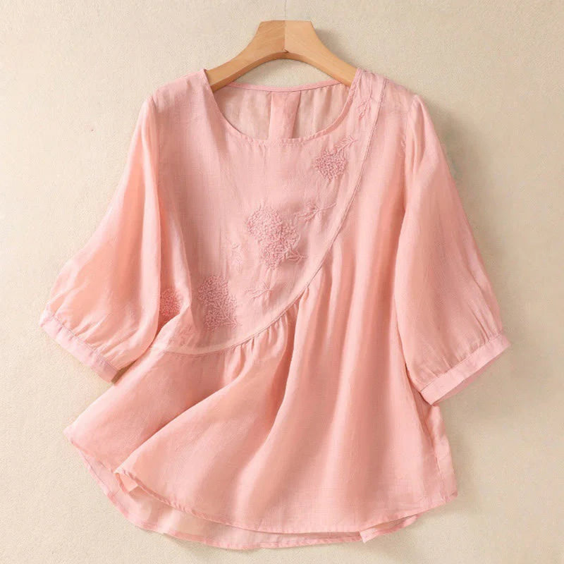 Buddha Stones Embroidered Flower Crew Neck Design Women's Cotton Linen Half Sleeve Shirt