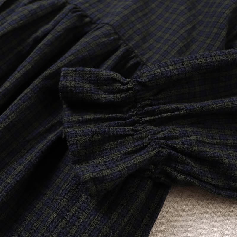 Buddha Stones Long Sleeve Plaid Simple Buttons Ruffled Design Midi Dress With Pockets