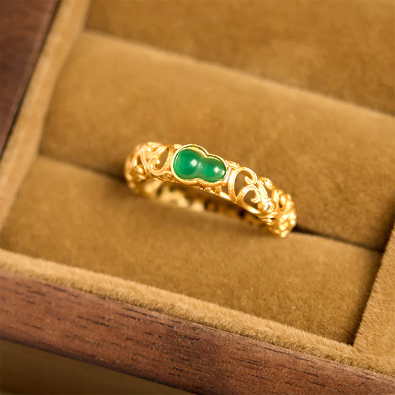 Buddha Stones Vintage Gourd Green Chalcedony Copper Alloy Wealth Ring