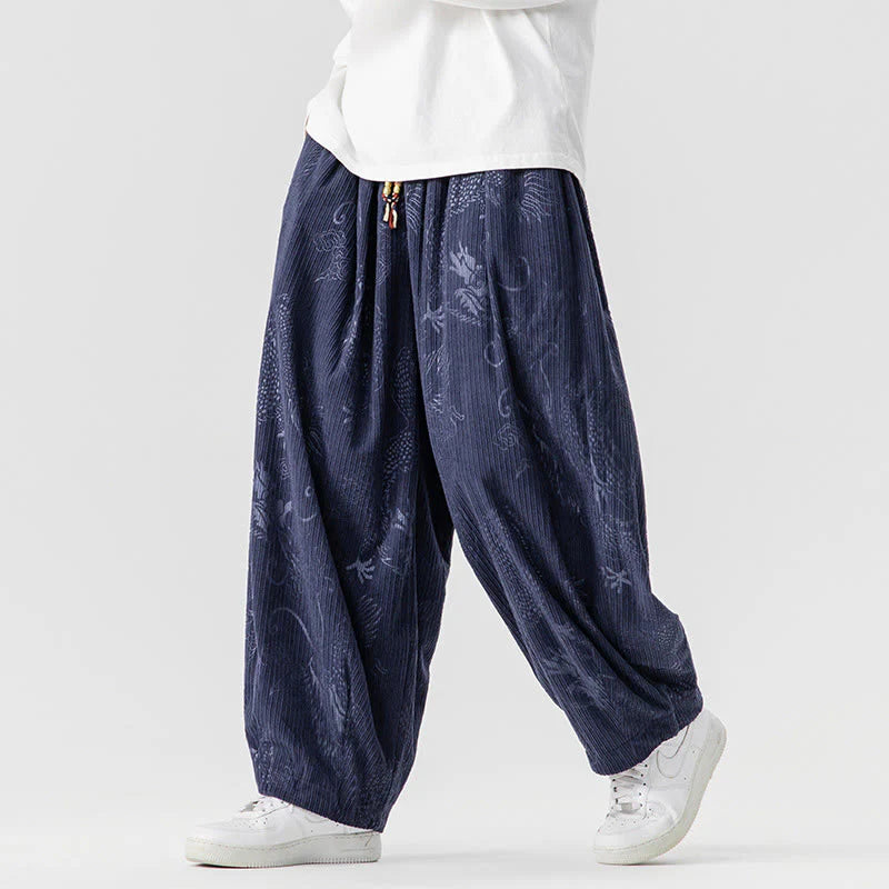 Buddha Stones Winter Dragon Phoenix Pattern Cotton Corduroy Men's Harem Pants With Pockets