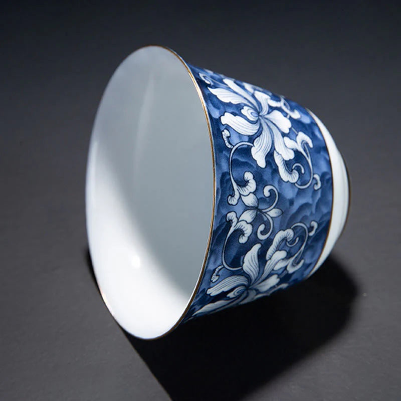 Buddha Stones Colorful Flowers Orchid Sea Waves Blue and White Porcelain Ceramic Teacup Kung Fu Tea Cup