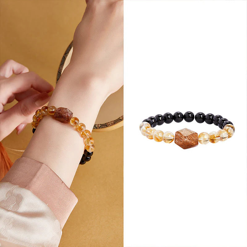 Buddha Stones Natural Black Obsidian Citrine Super Seven Crystal Strength Bracelet