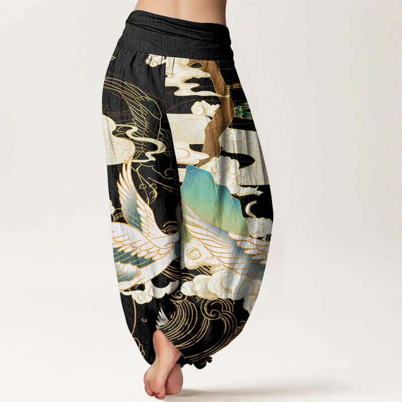 Buddha Stones Cotton Flying Cranes Auspicious Clouds Tree women's Elastic Waist Harem Pants