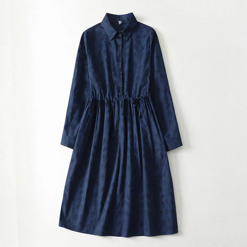 Buddha Stones Spring Grass Vines Print Buttons Design Long Sleeve Midi Dress With Pockets