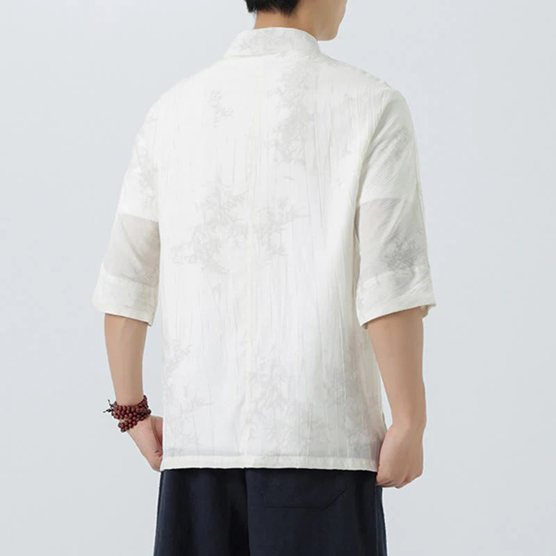 Buddha Stones Summer Pine Needles Pattern Short Sleeve Frog-Button Design Men's Shirt