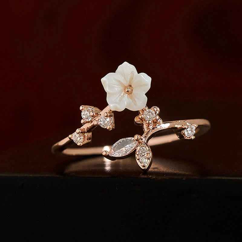 Buddha Stones White Flower Design Adjustable Healing Copper Ring