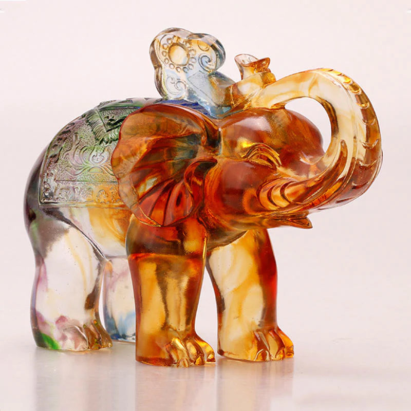 Buddha Stones Handmade Liuli Crystal Elephant Art Piece Wisdom Wealth Home Decoration