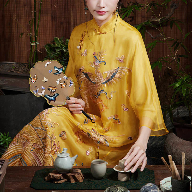 Buddha Stones 100% Mulberry Silk Organza Dress Embroidered Yellow Phoenix Qipao Cheongsam Dress  (Extra 30% Off | USE CODE: FS30)