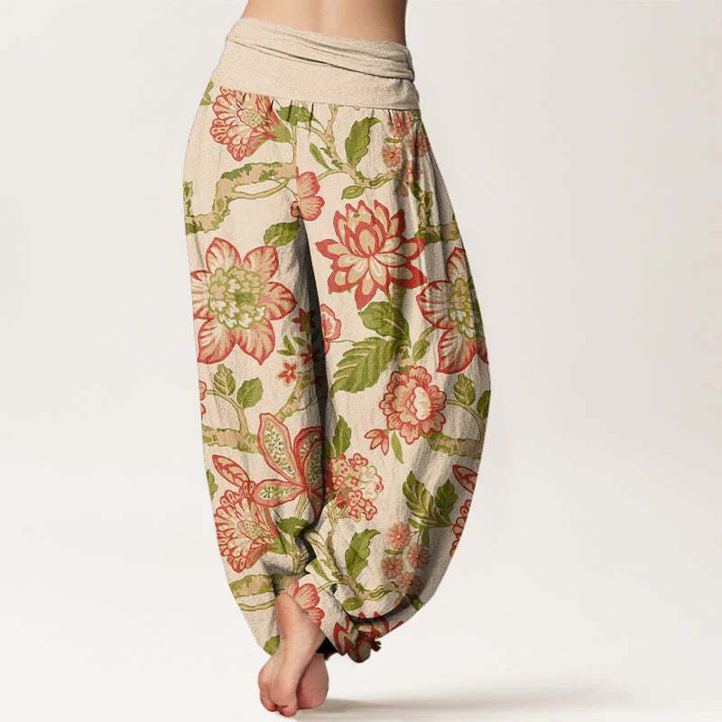 Buddha Stones Pure Cotton Bold Colors Flowers Leaves Branches Bird Pattern Women's Elastic Waist Harem Pants