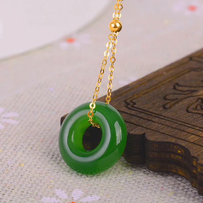 Round Cyan Jade Healing 14k Gold Plated Copper Necklace Pendant