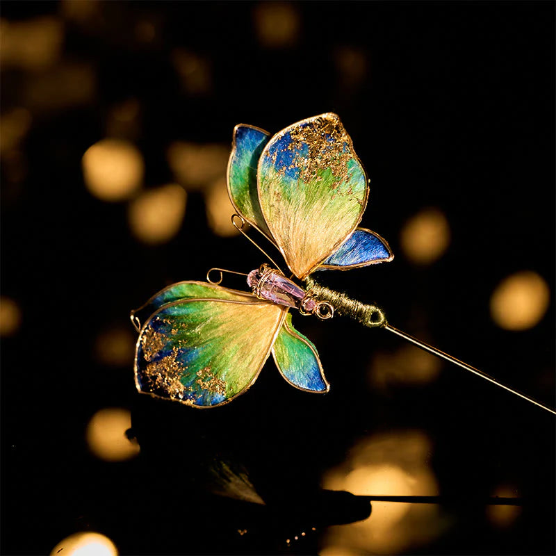 Buddha Stones Handcrafted Silk Art Velvet Flower Blue Green Gradient Butterfly Brooch