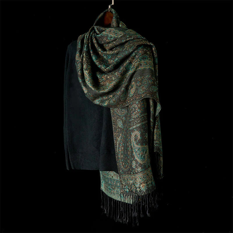 Buddha Stones Spring Green Cashew Flower Geometric Stripes Pattern Tassel Cozy Scarf Shawl