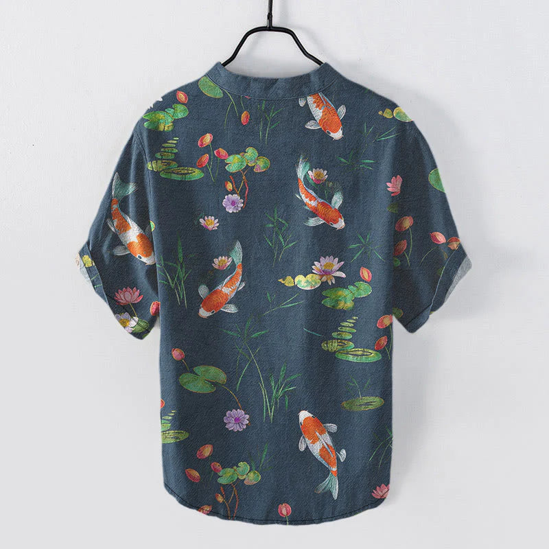Buddha Stones Cotton Koi Fish Lotus Pattern Men's Short Sleeve Half Button Shirt