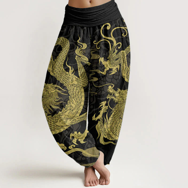 Buddha Stones Pure Cotton Dragon Auspicious Clouds Women's Elastic Waist Harem Pants