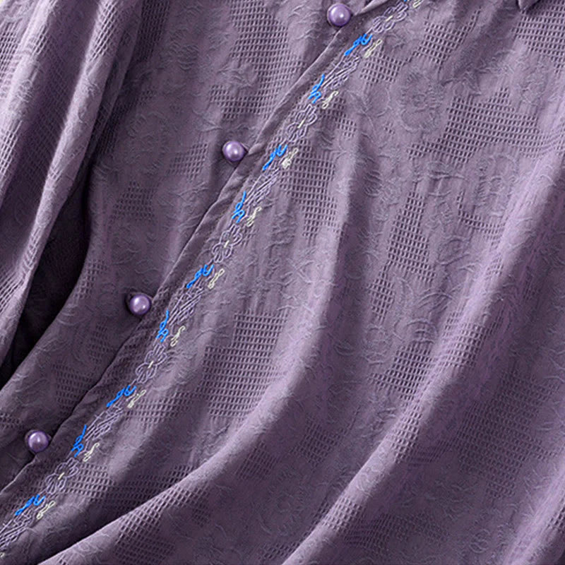 Buddha Stones Fall Embroidery Asymmetrical Design Frog-Button Women's Cotton Long Sleeve Shirt