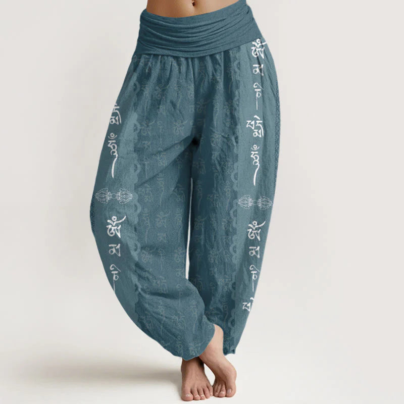 Buddha Stones Cotton Om Mani Padme Hum Pattern Women's Elastic Waist Harem Pants