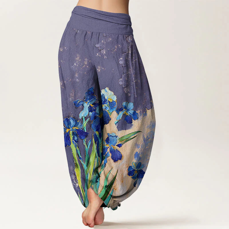Buddha Stones Irises Pattern Pure Cotton Women's Elastic Waist Harem Pants