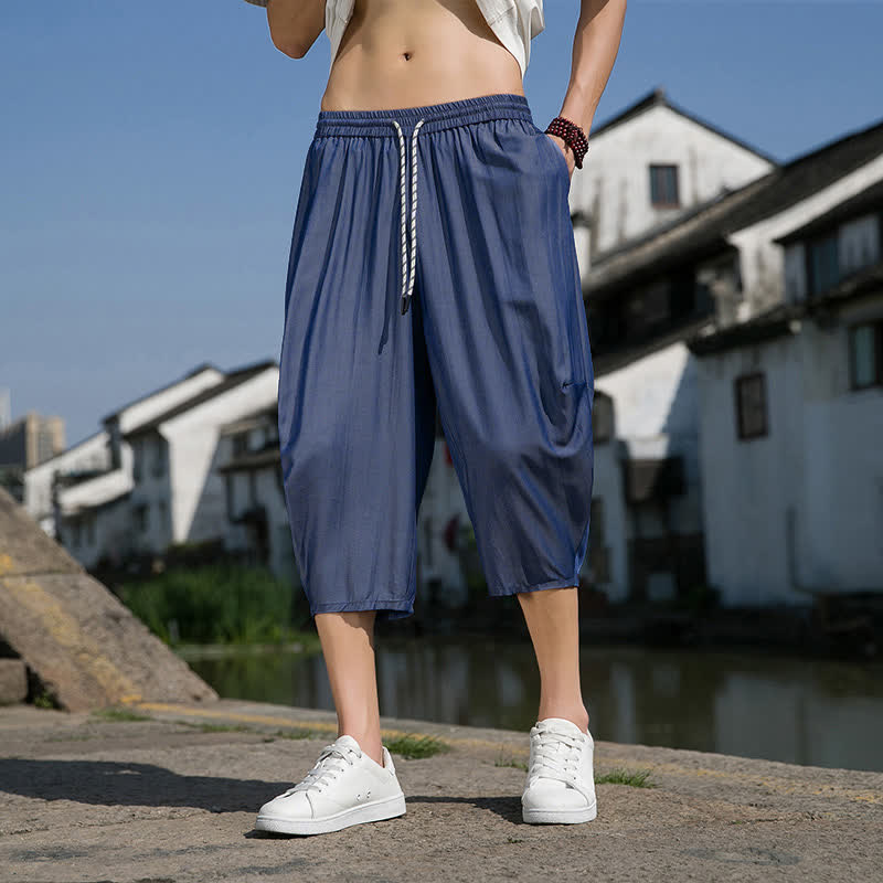 Buddha Stones Summer Elastic Waist Drawstring Solid Color Half Men's Tapered Pants With Pockets