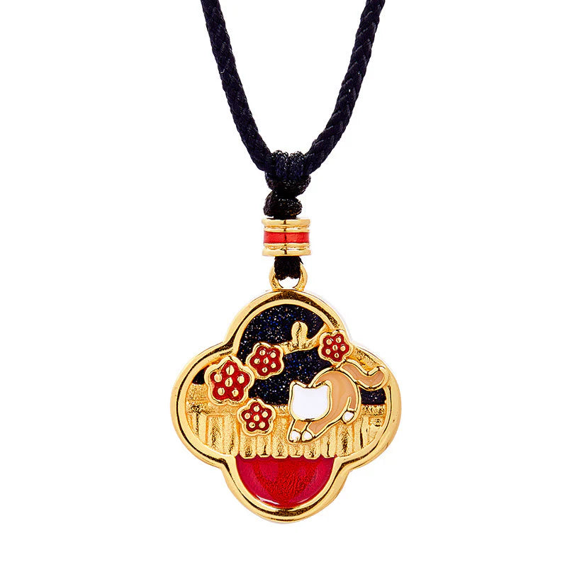 Buddha Stones 925 Sterling Silver Plum Blossom Cat Four Leaf Clover Blessing Necklace Pendant