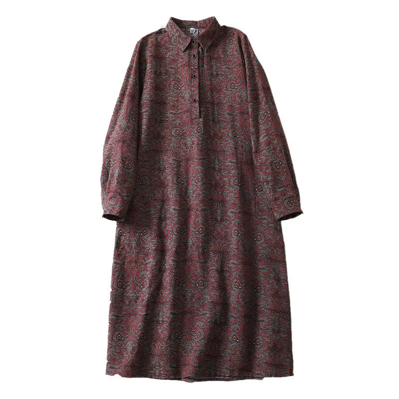 Buddha Stones Brown Printing Floral Pattern Lapel Cotton Linen Long Sleeve Midi Dress With Pockets