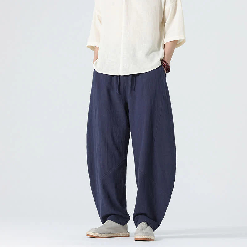 Buddha Stones Spring Pure Color Men's Cotton Drawstring Pants With Pockets