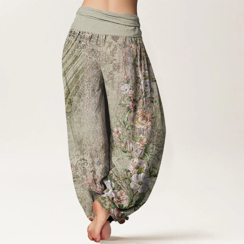 Buddha Stones Cotton Ethnic Floral Ethnic Totem Pattern Women's Elastic Waist Harem Pants