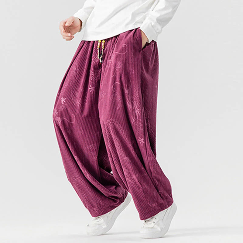 Buddha Stones Winter Dragon Phoenix Pattern Cotton Corduroy Men's Harem Pants With Pockets