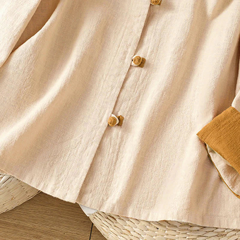 Buddha Stones Color Contrast Design Chinese Frog-Button Long Sleeve Women's Linen Shirt