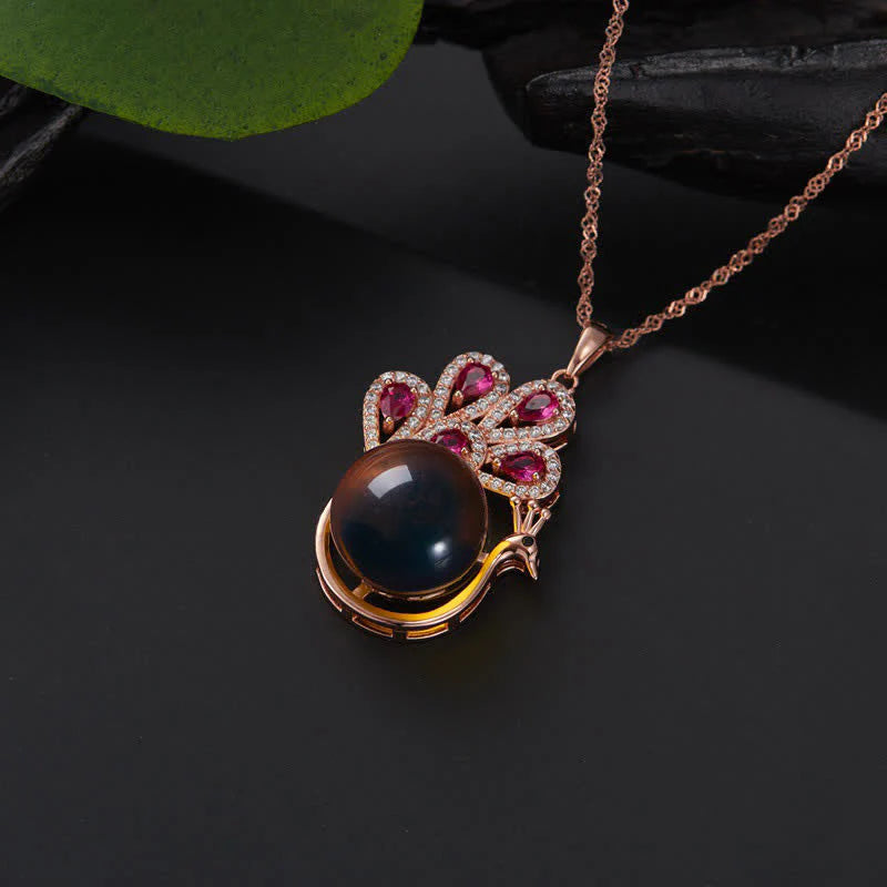Buddha Stones Peacock Amber Fortune Love Necklace Pendant Ring