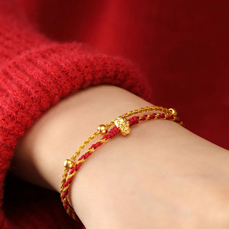 Buddha Stones 999 Gold Beads Year Of The Horse Double Wrap Golden Red String Luck Bracelet