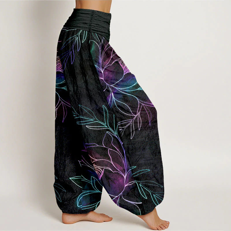 Buddha Stones Cotton Neon Lotus Branches Pattern Women's Elastic Waist Harem Pants
