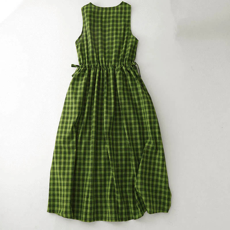 Buddha Stones Sleeveless Plaid Summer Midi Dress With Pockets