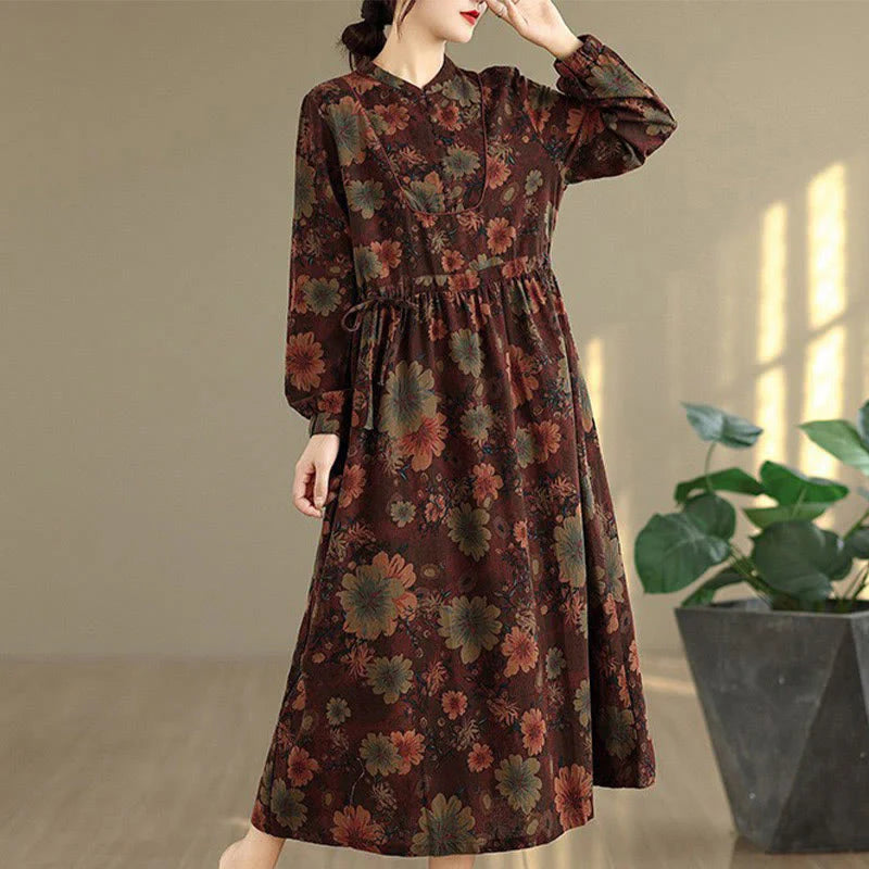 Buddha Stones Flower Pattern Long Sleeve Cotton Midi Dress With Pockets