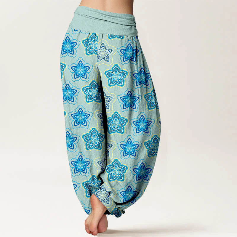 Buddha Stones Cotton Regular Layout Of Five-petal Flower Pattern Women's Elastic Waist Harem Pants