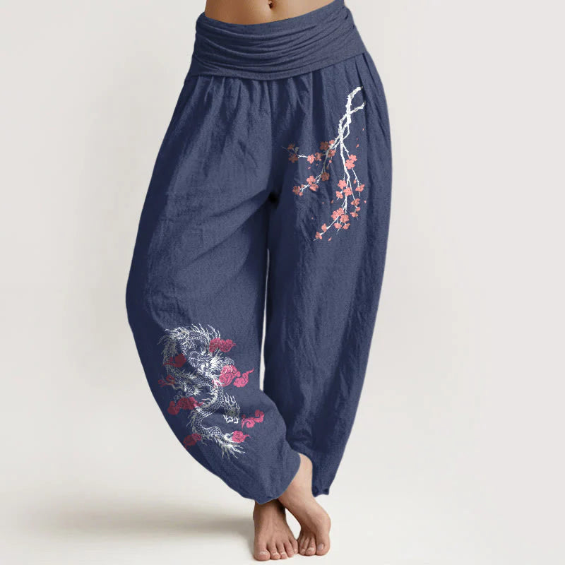 Buddha Stones Dragon Auspicious Clouds Flower Pattern Women's Elastic Waist Harem Cotton Pants