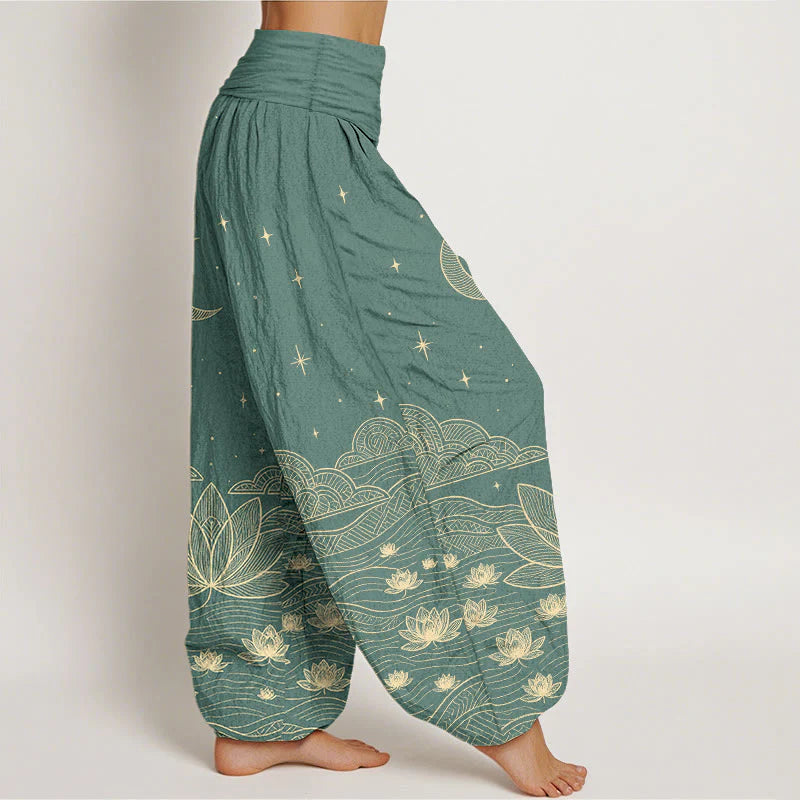 Buddha Stones Pure Cotton Elegant Moon Star Cloud Lotus Flower Water Ripple Pattern Women's Elastic Waist Harem Pants