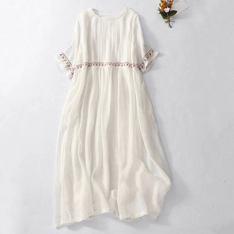 Buddha Stones Solid Color Embroidery Short Sleeve Cotton Midi Dress