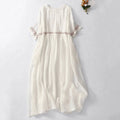 Buddha Stones Solid Color Embroidery Short Sleeve Cotton Midi Dress